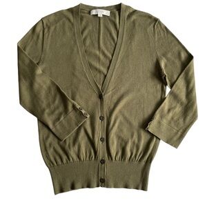 Loft Olive Green Button-Up Cardigan Sweater 3/4 sleeves button cuff Sz: S NWOT